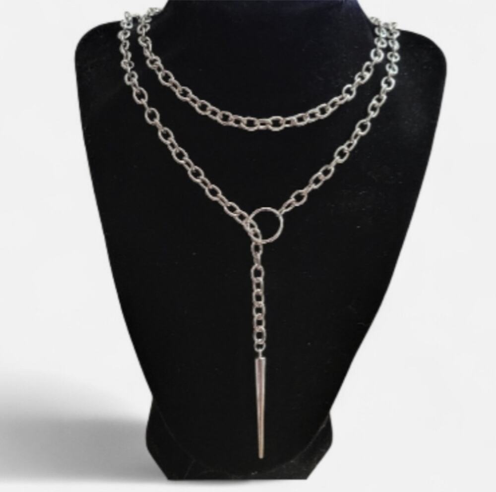 Long wrap around silver spike lariat slip chain necklace